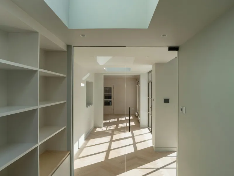 ロッカーから奥まで続く廊下の写真